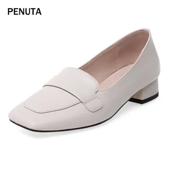 

2019 PENUTA Square Toe Ladies Retro Vintage Fashion Loafers Genuine Leather Women Low Heel Shoes European Sexy Pumps PG923