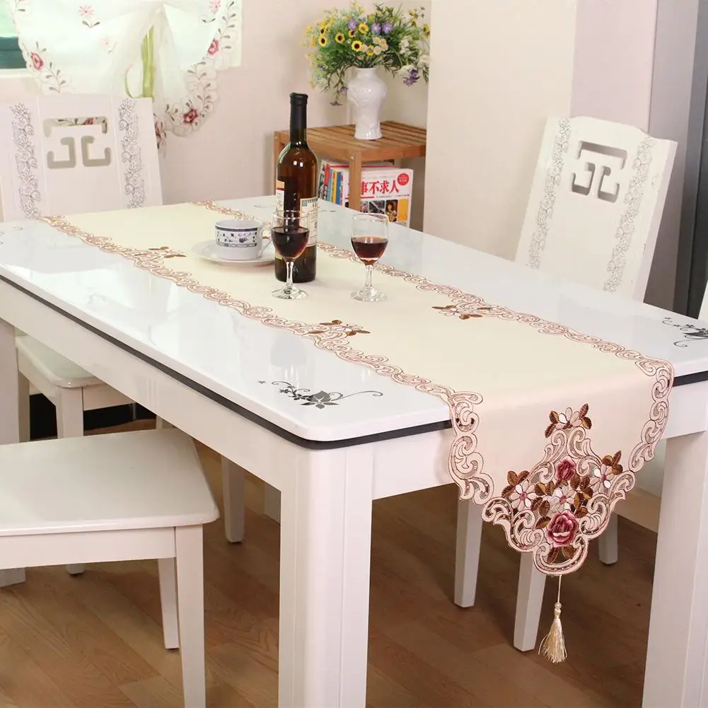 

Fashion Embroidered Table Runner Elegant Floral Lace Dust Proof Covers for Table Home Party Wedding Table Decoration