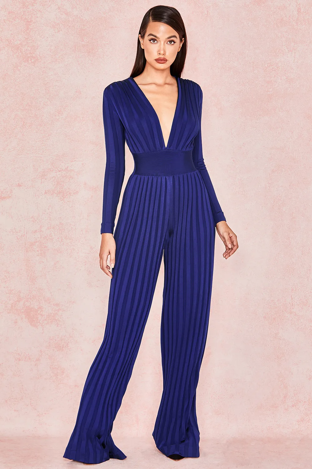 High Quality Deep Blue Long Sleeve V-neck Rayon Bandage Jumpsuit Sexy Evening Party Jumpsuit (3)