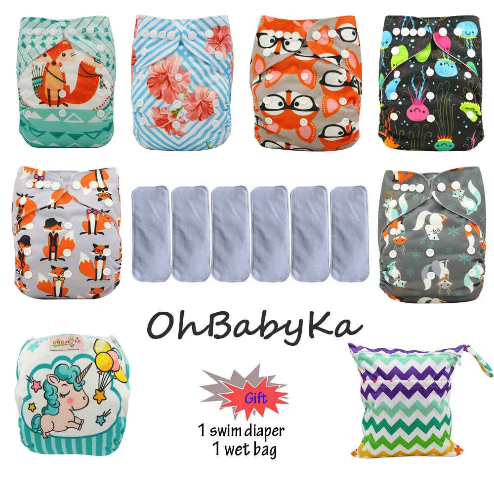 Тканевые подгузники Ohbabyka с принтом единорога 6 шт. моющиеся + вставок из