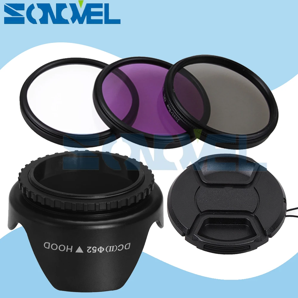52mm UV CPL FLD Filter Kit+Front Lens Cap+Flower Lens Hood For Nikon