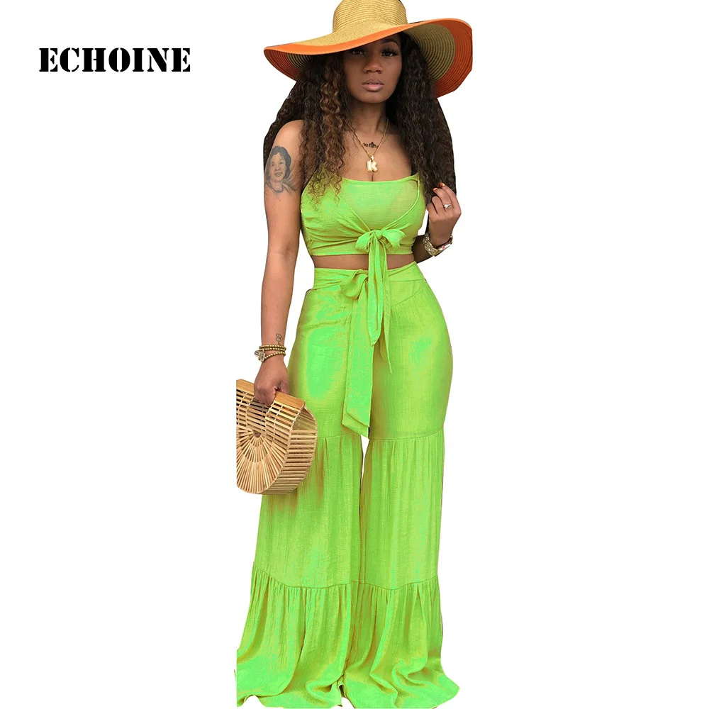 

2 Piece Set Spaghetti Strap Crop Top and Pants Wide Leg Long Trousers Pants Set Tie Bow Sexy Bodycon Slim Party Club Outfits