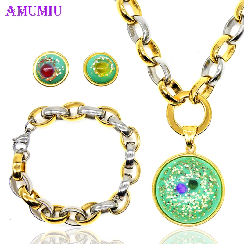 

AMUMIU charms green crystal round titanium jewelry sets stainless steel pendant necklace earrings for women Party JS022