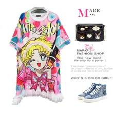 Свободные Модные макси летние женские футболки с героями мультфильмов женские с принтом сверкающие блестки повседневные футболки уличная одежда большого размера Длинные футболки NS797