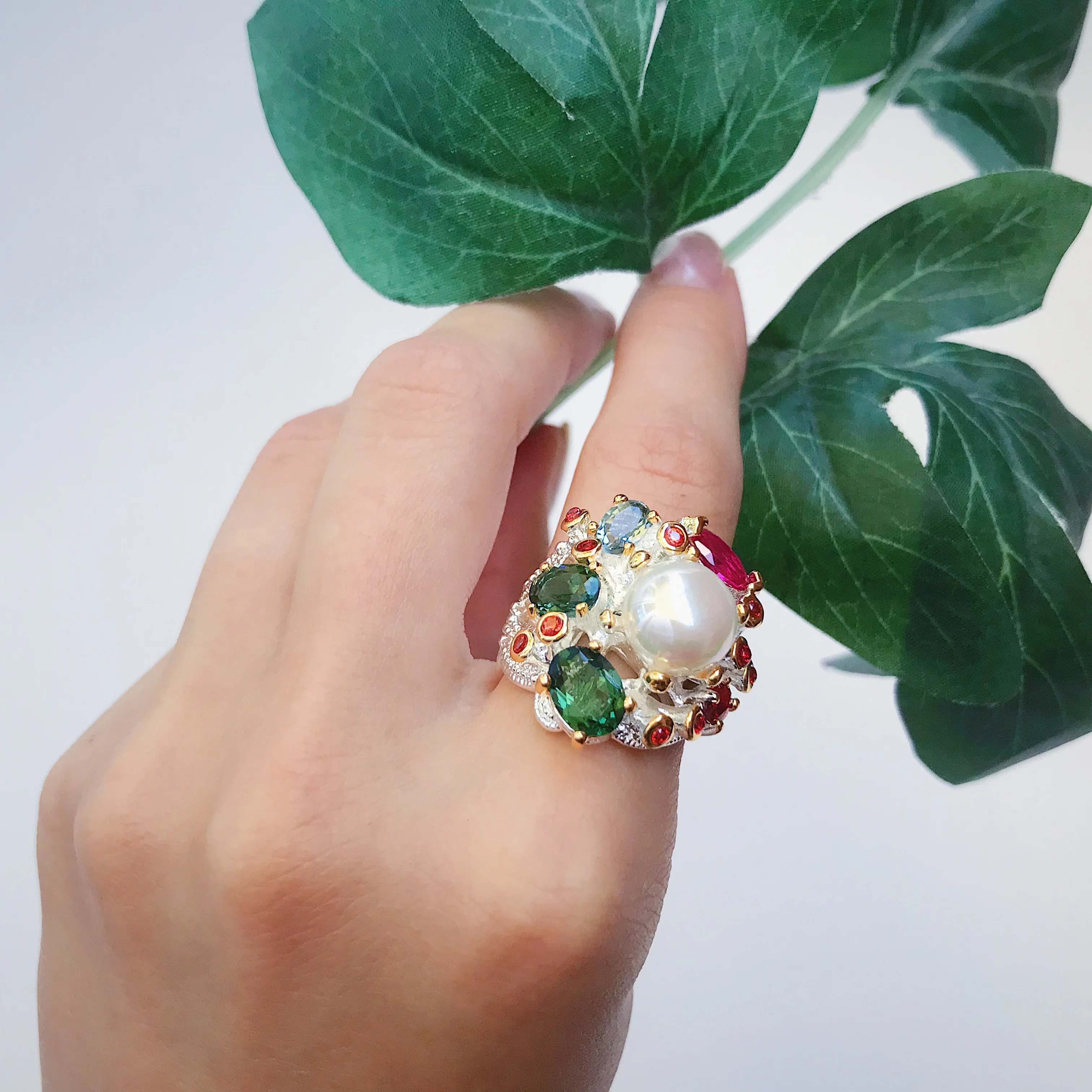 Best Buy Fashion Ring with Pearl Multi colorful stone Black Gold-color Fashion Unique Design Party Anniversary Gift Ring