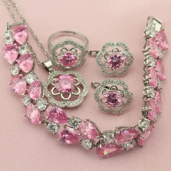 

Pink Seven Colors Semi-precious Stone Silver Color Jewelry Sets For Women Drop Earrings Bracelet Pendant Ring Free Gift Box
