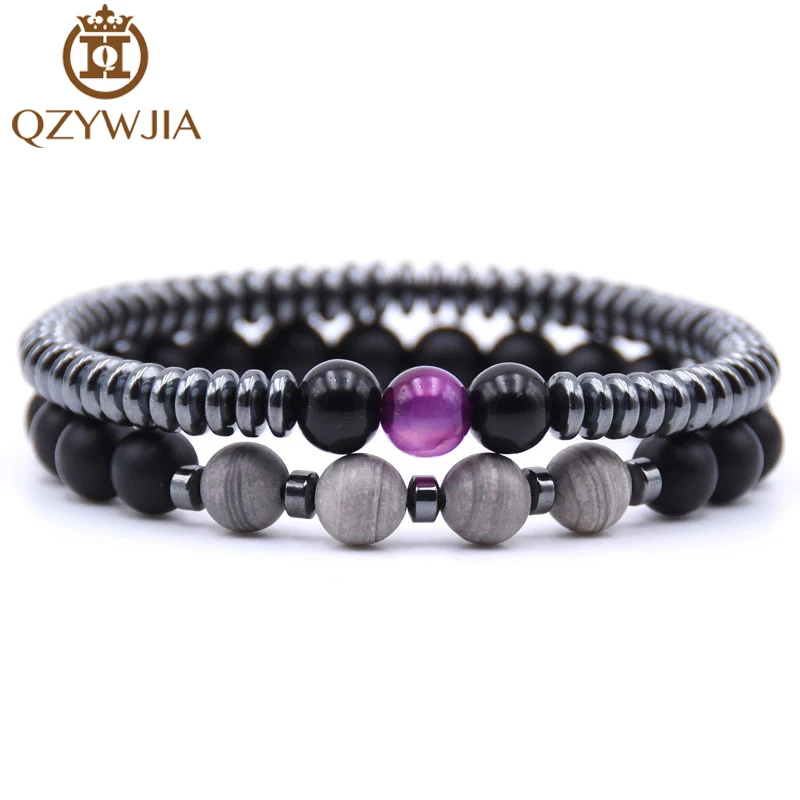 

2Pcs/Set Charm Natural Stone Energy Bead Bracelet Black Gold White Beads Classic Beads Bracelet For women and men Bangles