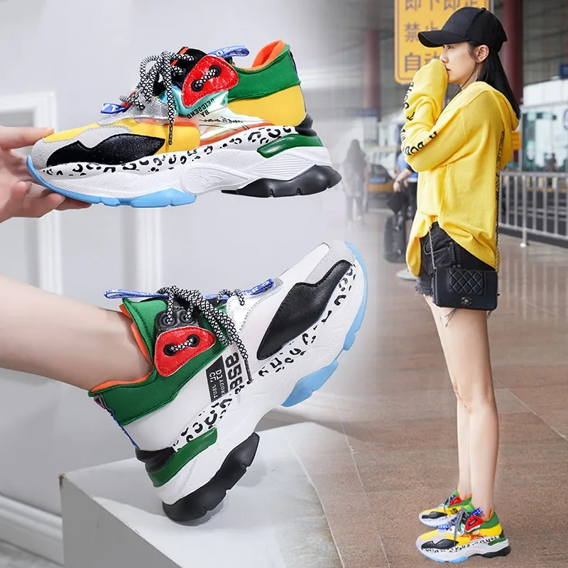 

Autumn New Women Chunky Sneakers 2019 New Harajuku Retro Dad Shoes Mixed Colors Thick Bottom Platform Sneakers
