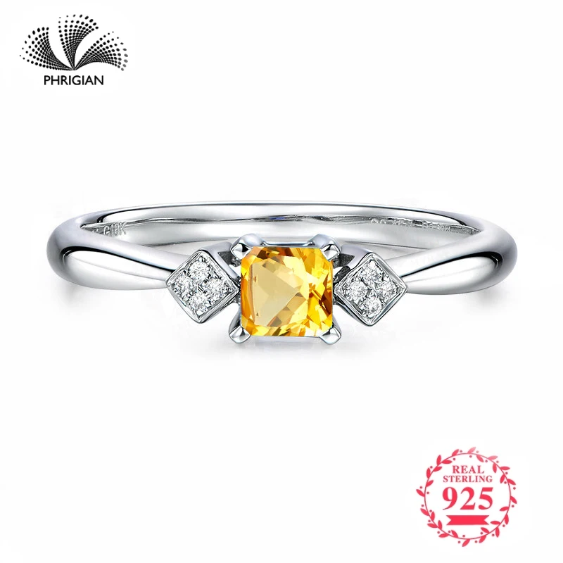 

NOT FAKE Fine natural Engraving Sterling silver gemstone Princess cut ring boutique custom jewelry 925 carat Yellow Citrine RING