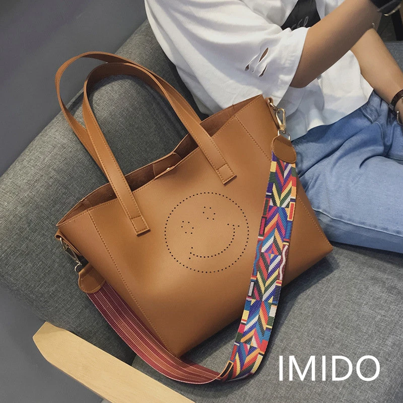 

IMIDO 2019 Summer Brand New Trend European And American Fashion Hollow Smiley Face Band Ribbon Mother Shoulder Messenger Bag
