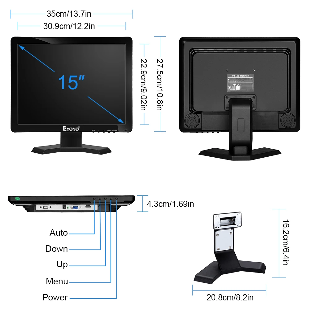 Eyoyo 15 Inch 1024*768 IPS TV Monitor Computer LCD Screen TV/HDMI/VGA/AV/USB Input for DVD PC CCTV Security Camera Raspberry Pi