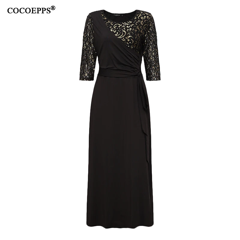 COCOEPPS, осенние женские платья размера плюс, сексуальное кружевное платье больших размеров, пэтчворк длинное платье, Черная Женская одежда 5xl 6xl vestido - Цвет: Черный
