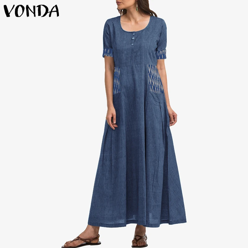 

VONDA Women Vintage Dress 2019 Plus Size Summer Maxi Long Dress Casual Solid Vestido Short Sleeve Robe Femme Sexy Sundress S-5XL