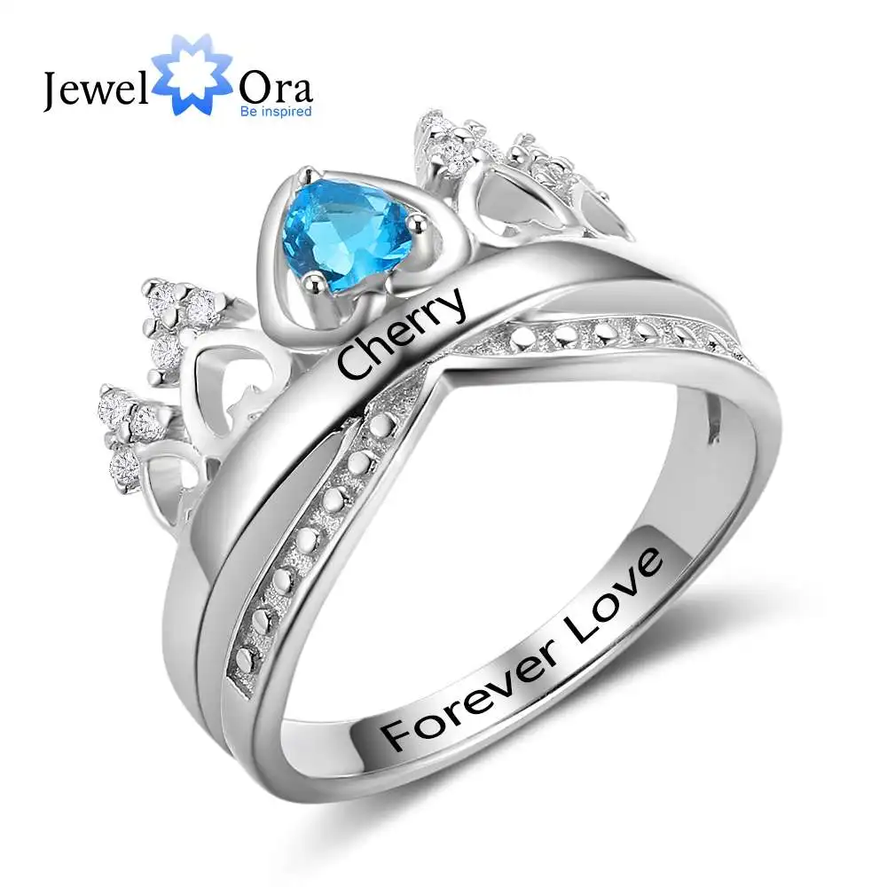 Heart Crown Birthstone Ring 925 Sterling Silver Wedding Rings Engrave Name Anniversary Personalise Gift (JewelOra RI102880)