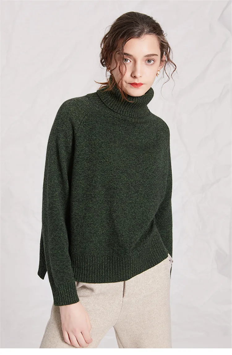 С кроличьим мехом blend Turtleneck Knit Женская мода неровный подол толстый свитер темно-зеленый 2 цвета один и более размер