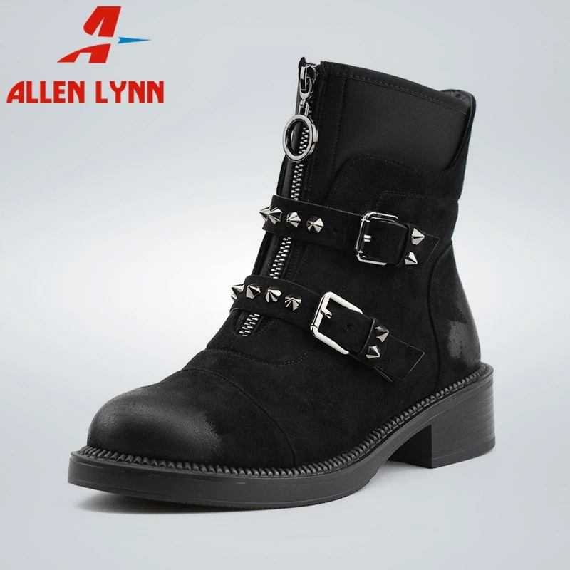 

ALLEN Brand New Belt Buckle Rivet Zip Wide Med Heels Shoes Woman Casual Party Office Speing Autumn Ankle Boots Size 36-41