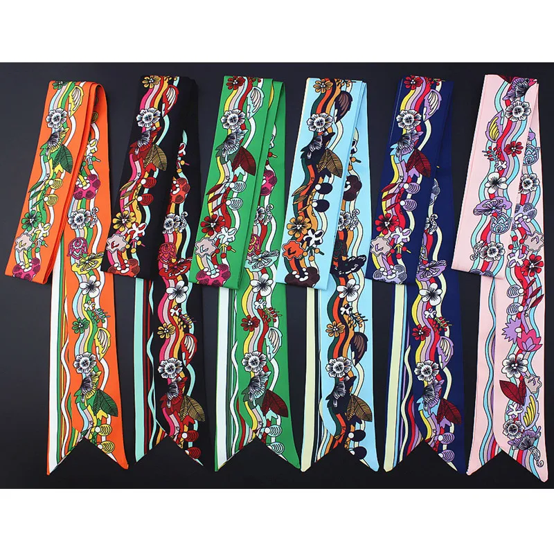 

LEAYH 120*5cm French Floral Printed Imitation Silk Scarf Suncreen Strap Bag Handle Ribbons For Women's Skinny Scarves Headbands