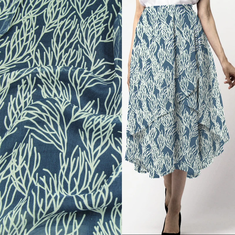 Синий и белый коралловый дизайн шелк жоржет марлевая ткань 140 см ширина, SCG470