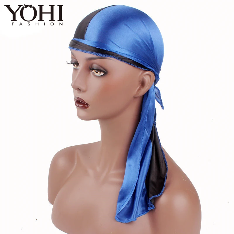 

2018 New Hot sale Satin men Stretched Cap Men's double color Satin Turban Wigs Silky Durag Headwear Headband Pirate Hat