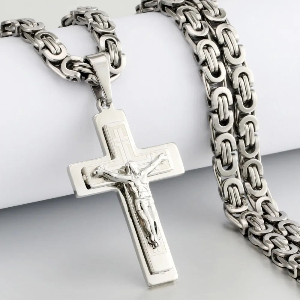Men's Stainless Steel Jesus Christ Holy Crucifix Cross Pendants Necklaces Catholic Long Chain Necklaces Boys Gifts Jewelry NC011