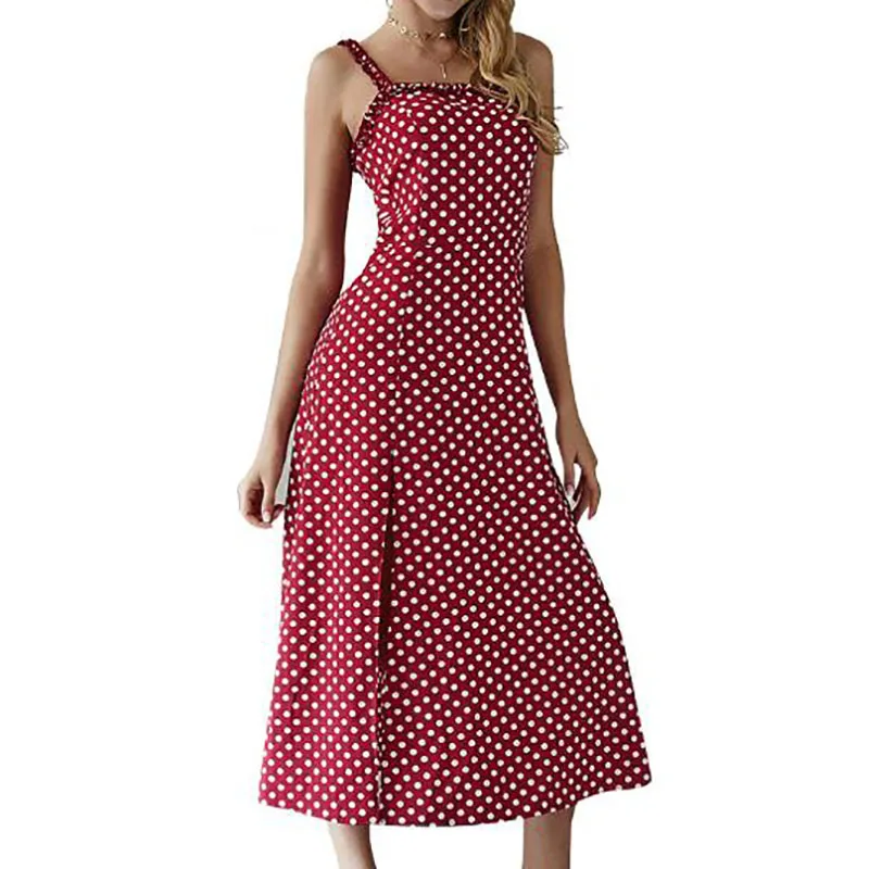 

Boho Vintage Black Polka Dot Dress Sexy Beach Side Split Sundress Women Holiday Ruffles Spaghetti Strap Mid Summer Dress GV290