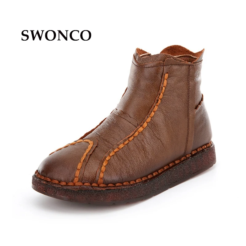 SWONCO Women Boots Fur Lady Winter Women Boots Genuine Leather Snowboots  Platform Shoes Black Patent Leather Ankle Boots