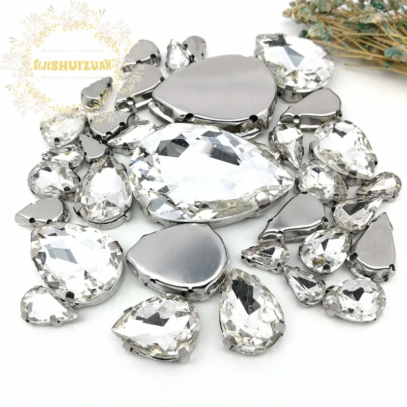 Drop Shape Beeds with Silver Setting 7x10mm ,10x14mm,13x18mm Sew on  Rhinestone for Dress DIY Stones and Crystals for Clothes