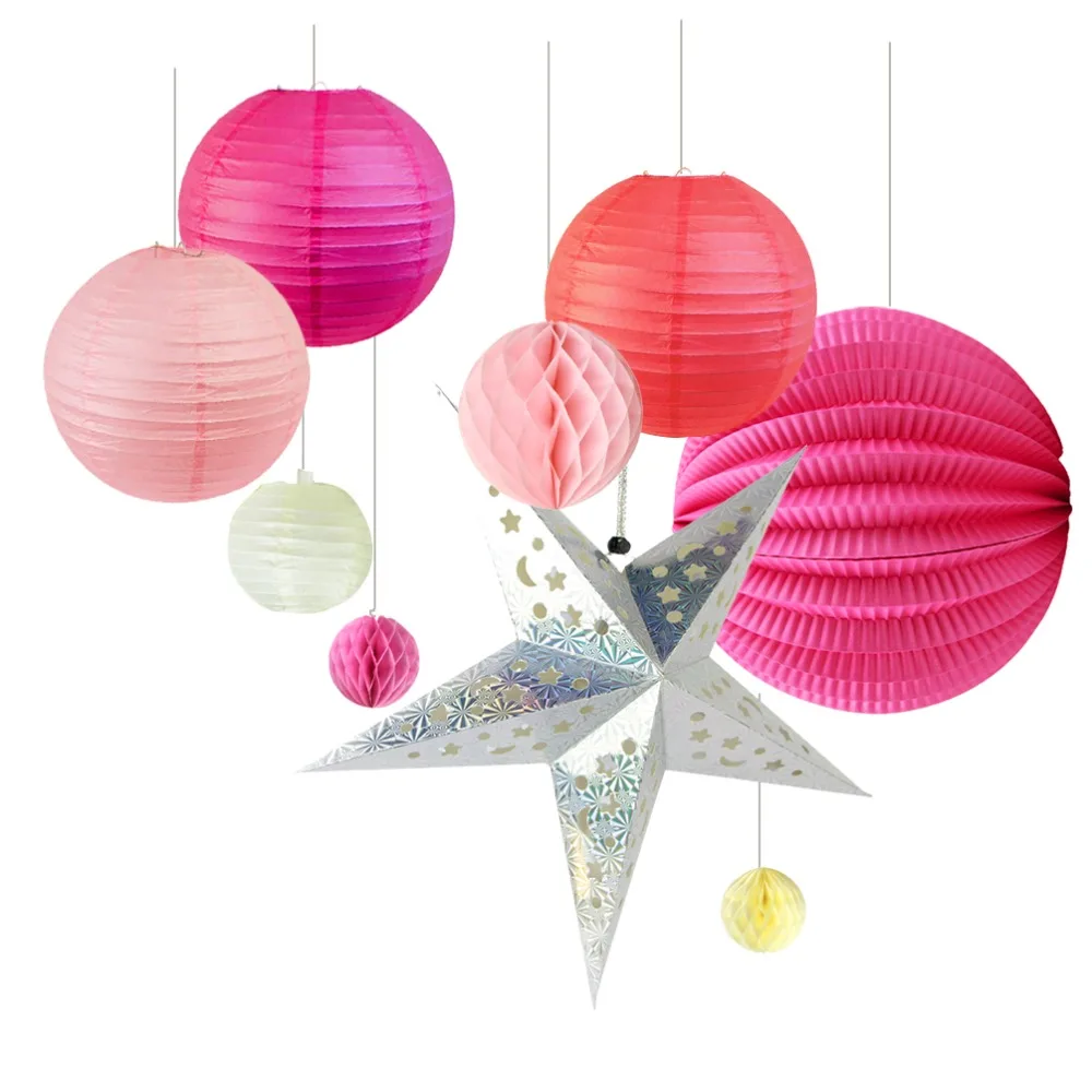 

2018 New! Set of 9 Party Decorations Paper Star Pleated/Paper Lanterns/Tissue Paper Honeycomb Balls Home Party Supplies