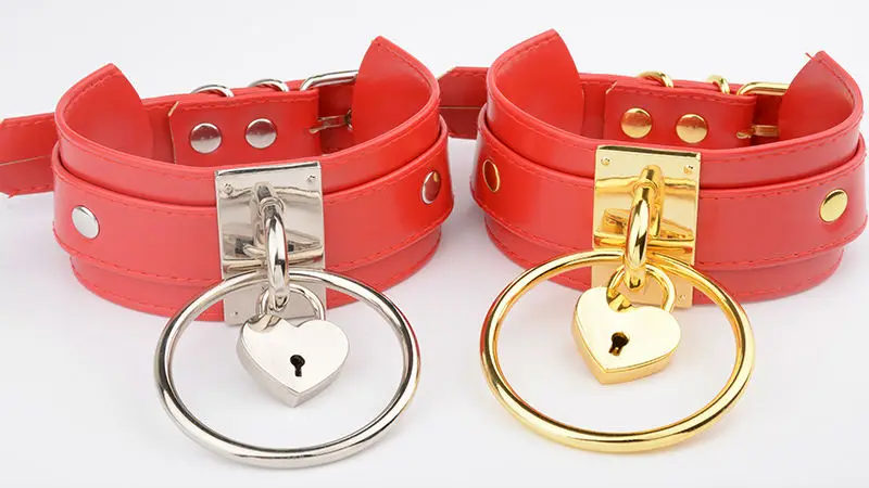 Vintage Red Leather Studded Layered Choker Rivet Silver Punk Kawaii Heart Collars With 60mm O-Round Pastel Goth PadLock Necklace 7
