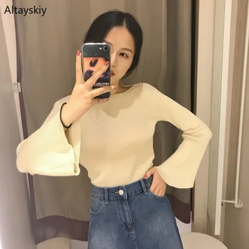 

Sweaters Women 2020 Slim Elegant O-Neck Knitted Autumn Ladies Sweater Korean Flare Sleeve Casual Trendy High Elasticity Womens