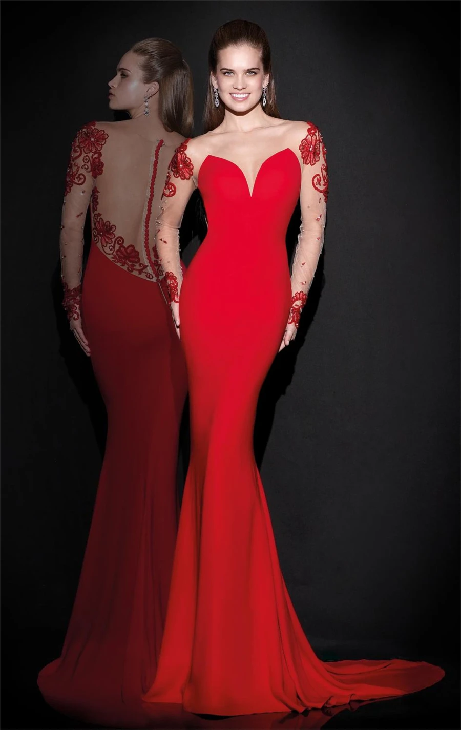 

Red sexy long sleeve mermaid appliques lace long evening dress 2015 elegant sweetheart chiffon formal women party dresses MT_071