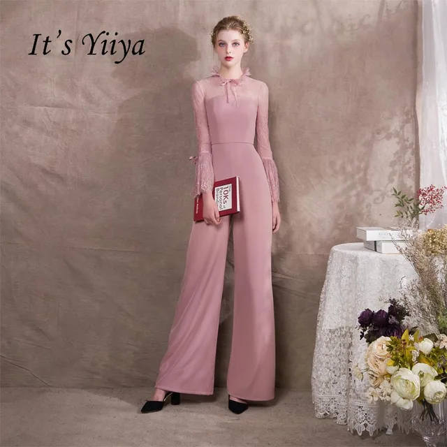 It S Yiiya Pink Ruffle Illusion Lace Long Sleeves Zipper Party Dress It S Yiiya Pink Ruffle Illusion Lace Long Sleeves Zipper Party Dress Elegant Jumpsuit Formal Pant Suit