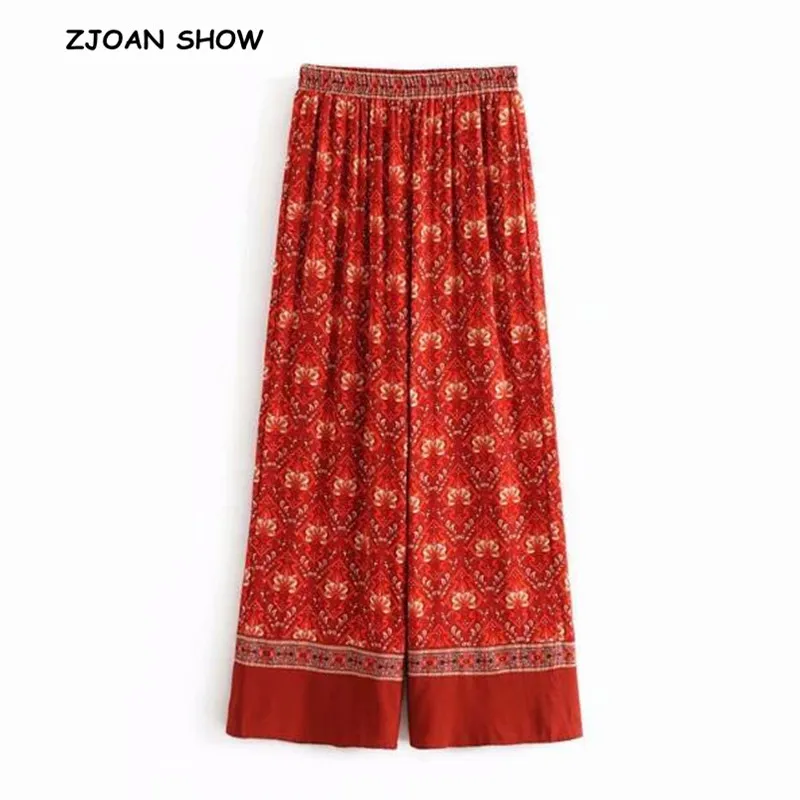 

Bohemian Contrast color Floral Print Wide Leg Pants Holiday 2018 Woman Elastic High Waist Spliced Long Loose Casual Trousers