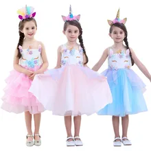 Платья с единорогом для девочек; вечерние платья; костюм на Рождество, карнавал, год; Детские праздничные платья для девочек; Вечерние платья на день рождения