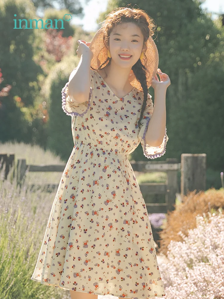INMAN Summer Elegant Lace V-neck Floral Defined Waist A-line Flare Sleeve Young Girl Literary Women Dress | Женская одежда