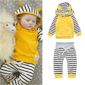 

Children's Wear Long Sleeve Hooded Jacket + Yellow Stripe Trousers Two-piece Outfit 0-2 Ages Free Shipping