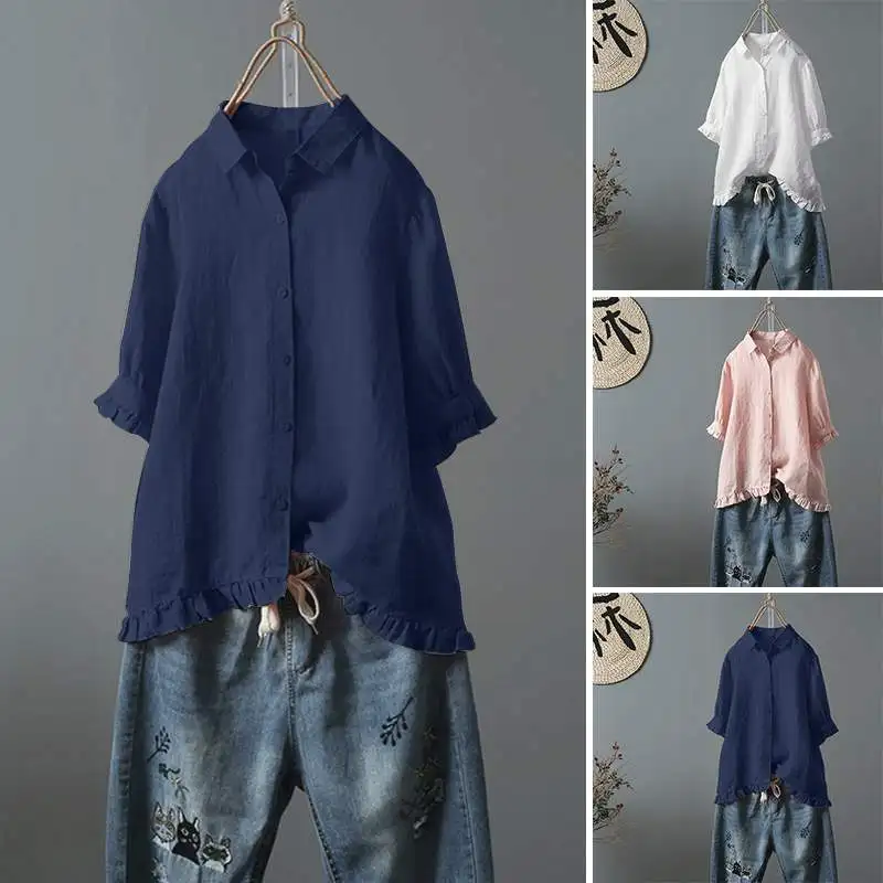 Рубашка с оборками больших размеров ZANZEA, Женская винтажная льняная блузка, Женская сорочка на пуговицах, рубашки с коротким рукавом, летние блузы, кафтан Топы