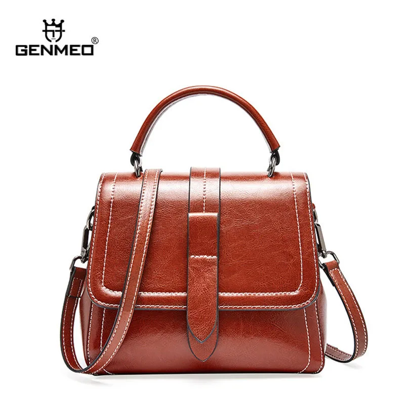 

GENMEO Famous Designer Oil-Wax Genuine Leather Shoulder Bag Cow Leather Handbag with Shoulder Strap Tote Bag Feminina Bolsa