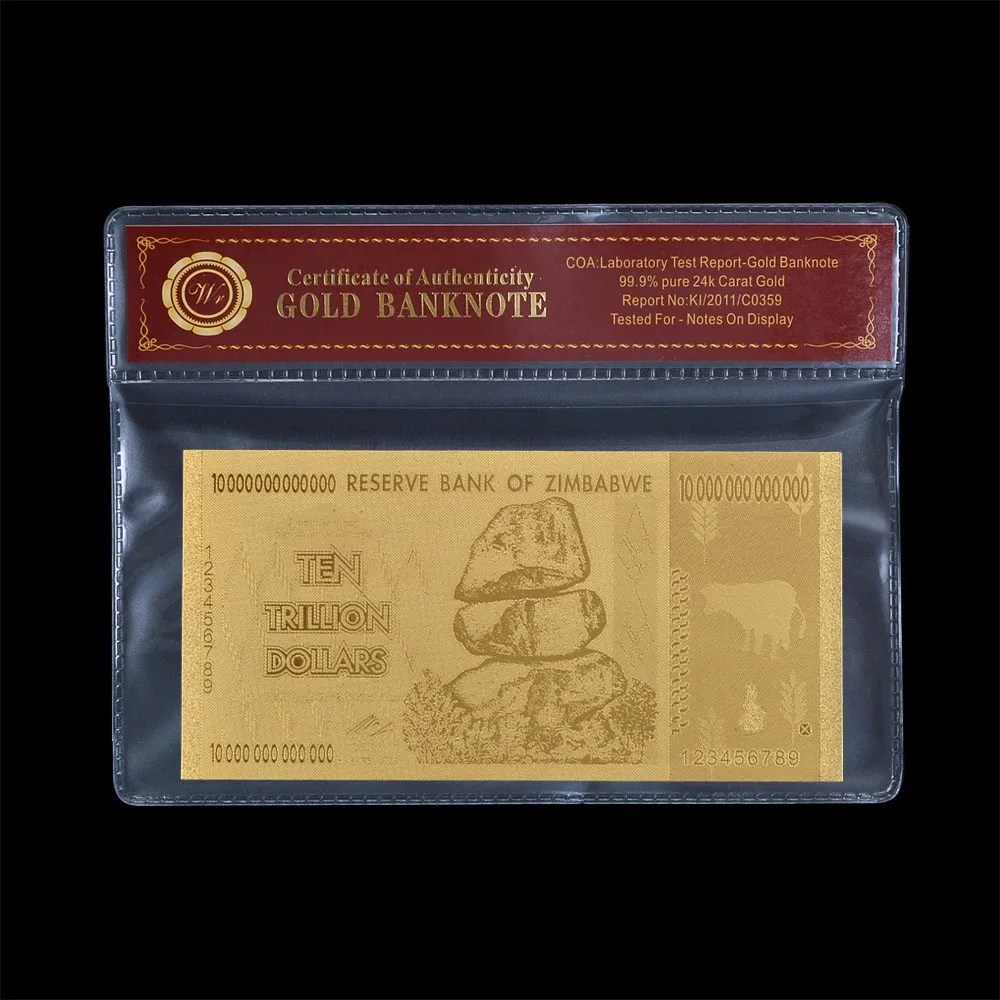 Банкнота из золотой фольги резные Zimbabwe вийские 20 трлн долларов с сертификатом подлинности