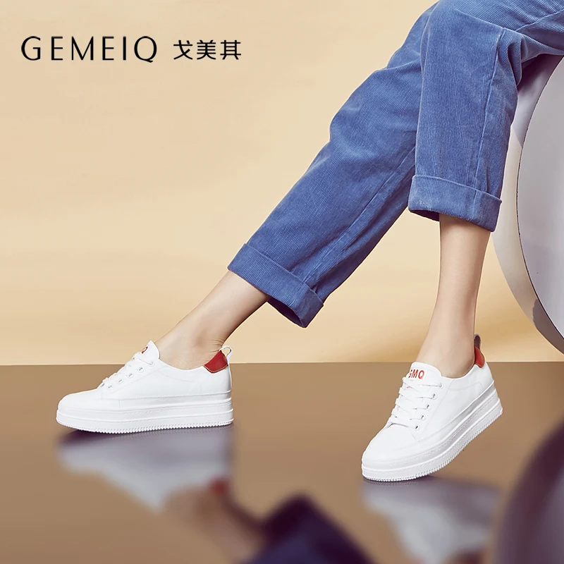 

GEMEIQ Full Grain Leather medium heel thick-soled Platform shoes women 2019 spring new Korean easy matching casual white shoes