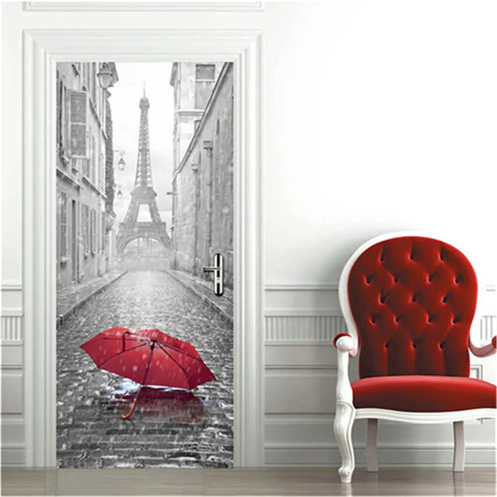 Индивидуальный размер/77*200 см 3D Эйфелева башня ПВХ Наклейки на Дверь Самоклеющиеся домашний декор плакат для гостиной DIY водонепроницаемые обои