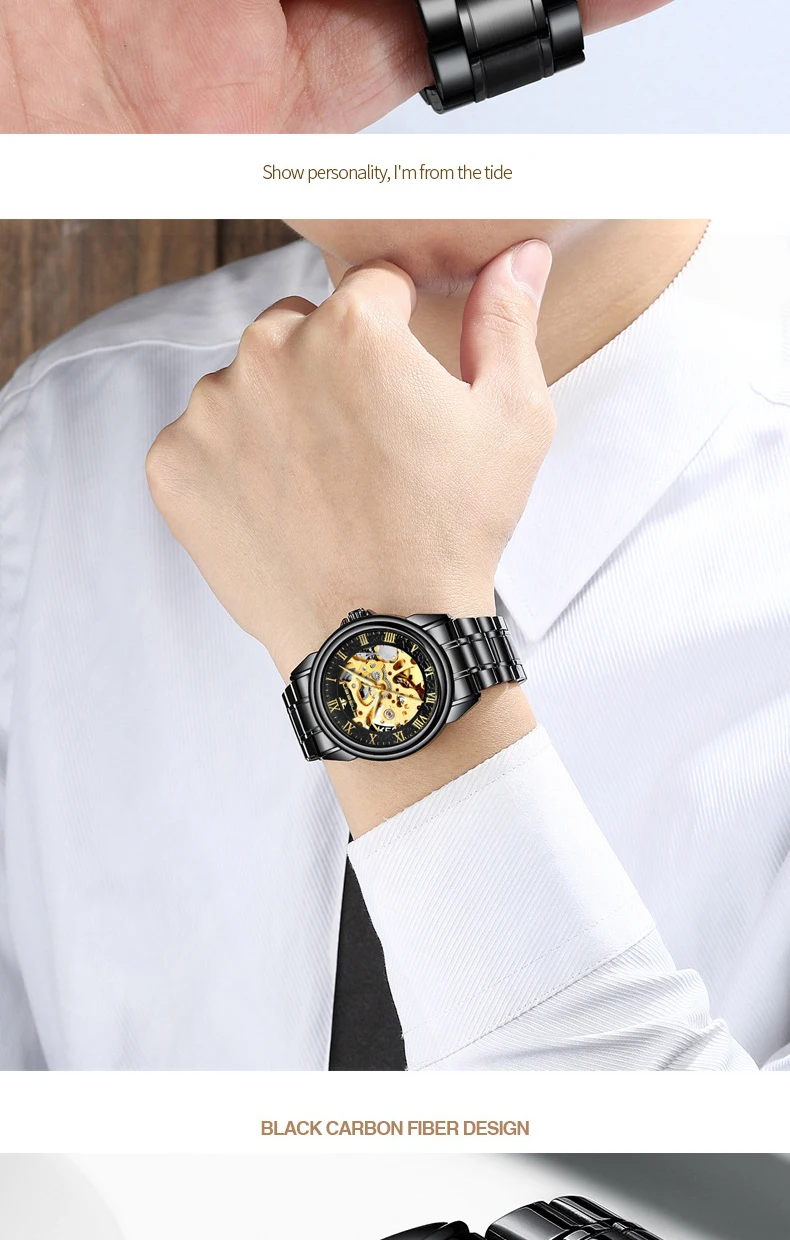 Мужские часы Топ бренд Роскошные деловые механические наручные часы Скелет черные Автоматические Мужские часы Hodinky Relogio Masculino