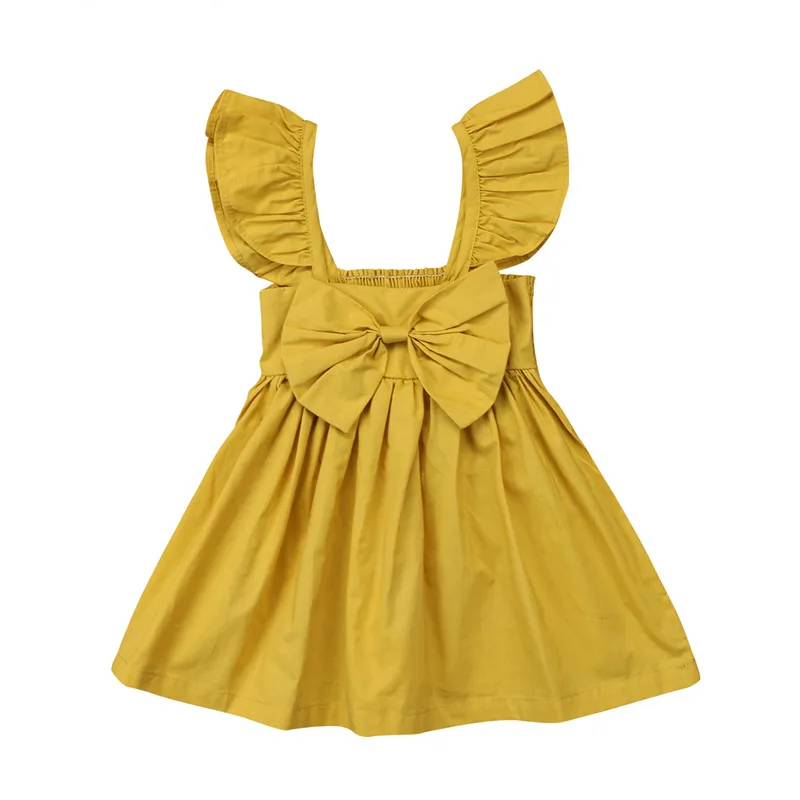 2 цвета, однотонное желто-розовое милое платье с оборками одежда для маленьких девочек летние платья принцессы без рукавов с бантом для новорожденных - Цвет: Цвет: желтый