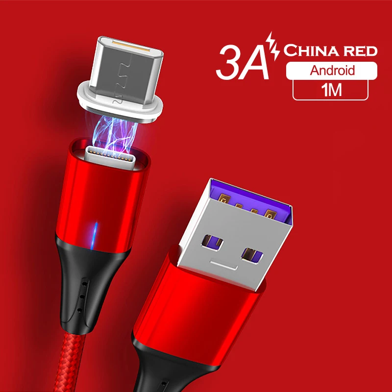 QC 3,0 Магнитный USB кабель 3A Магнитный зарядный кабель передачи данных для быстрой зарядки type C Micro USB C кабель для iPhone samsung Xiaomi huawei - Цвет: 3A Red For Micro