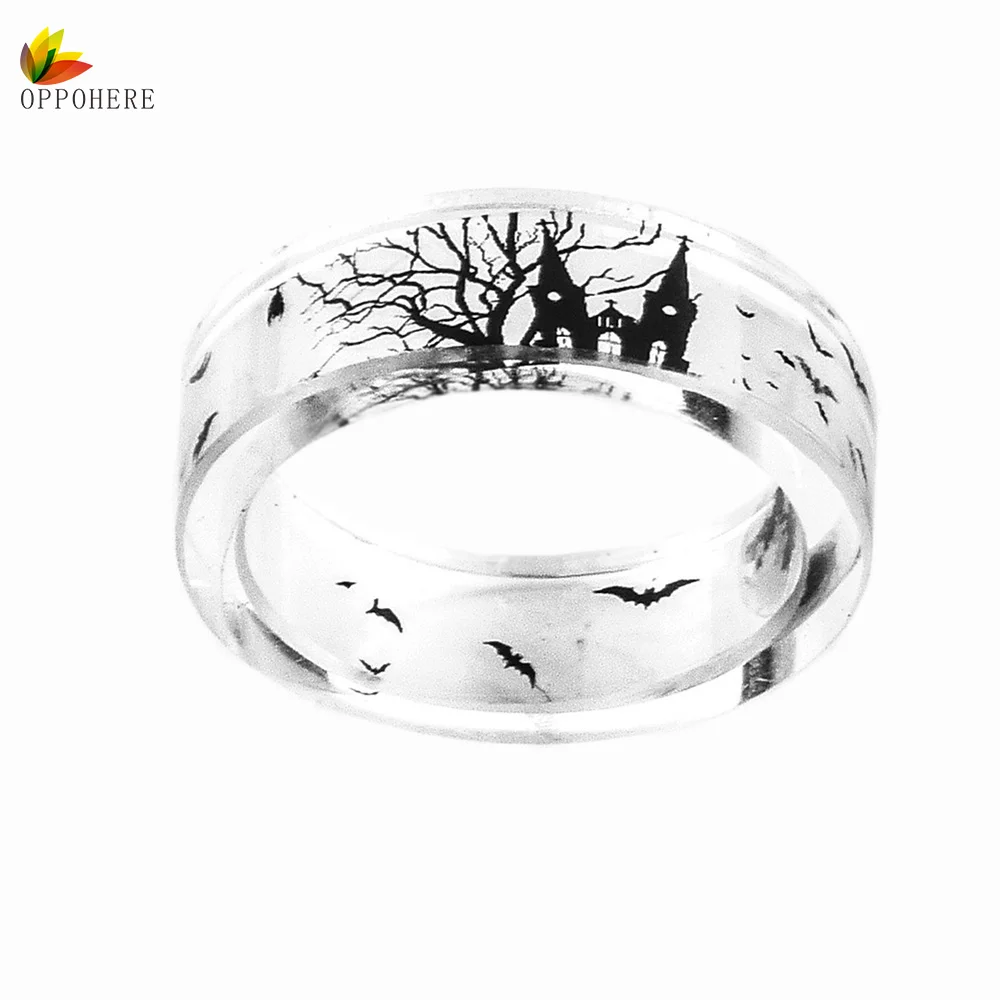 

OPPOHERE Handmade Transparent Bat And Trees Resin Rings Scenery Inside Black And White Women Finger Knuckle Ring