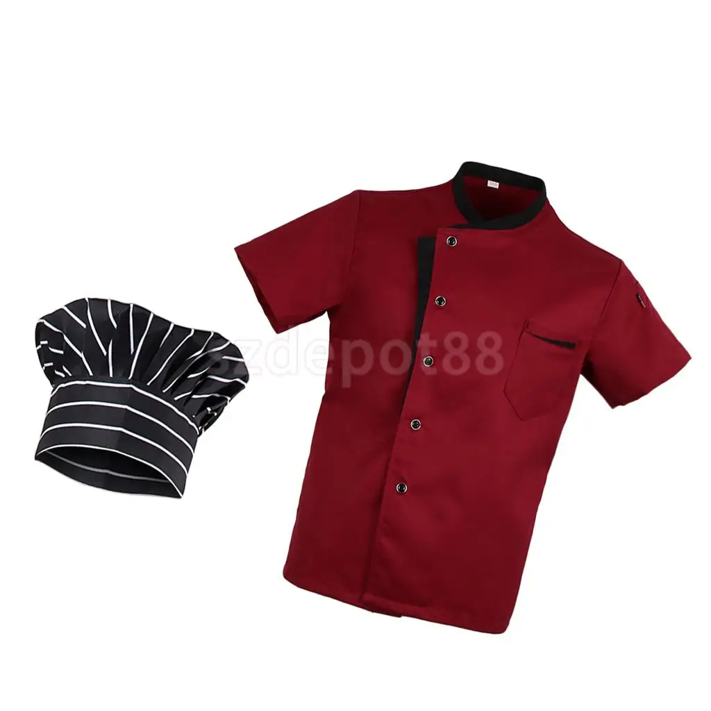 Adult Durable Five Star Chef Shirts Red Catering Uniform Mesh Sleeve Pen Pockets Chefwear Coat Chef Hat M