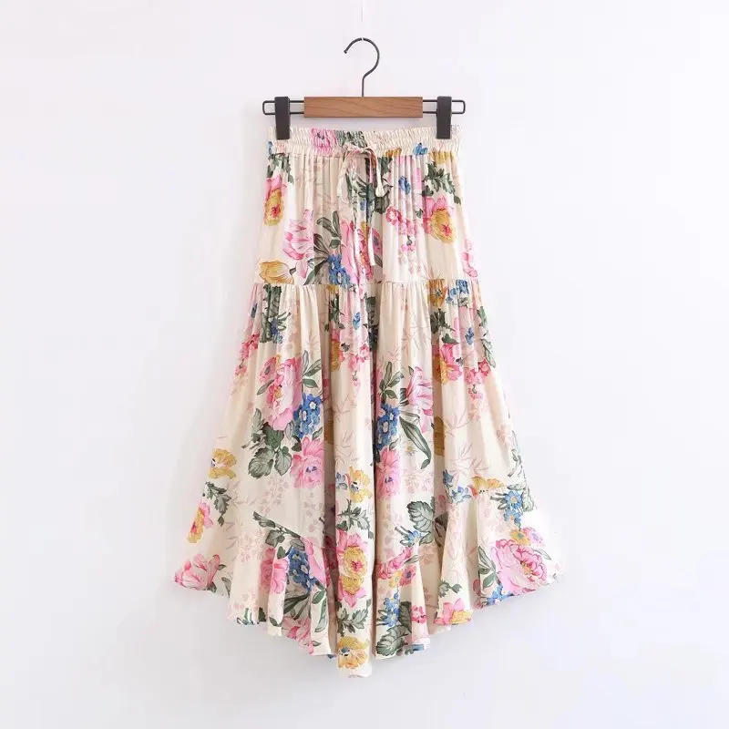 Floral Print Boho Midi Skirt Summer Irregular Ruffle Pleated Long
