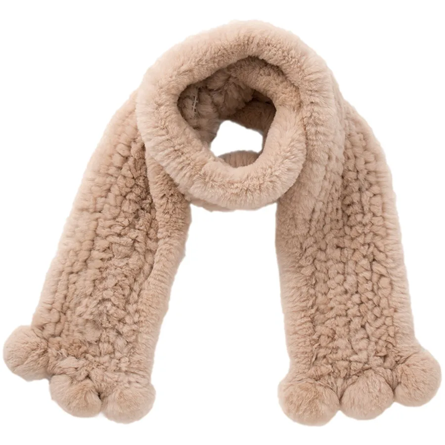 

2019 Genuine Real Rex Rabbit Fur Knitted Winter Warm Scarf Scarves Mufflers Fluffy Soft Wraps With Fur Pom Poms Lovely Cute Nice