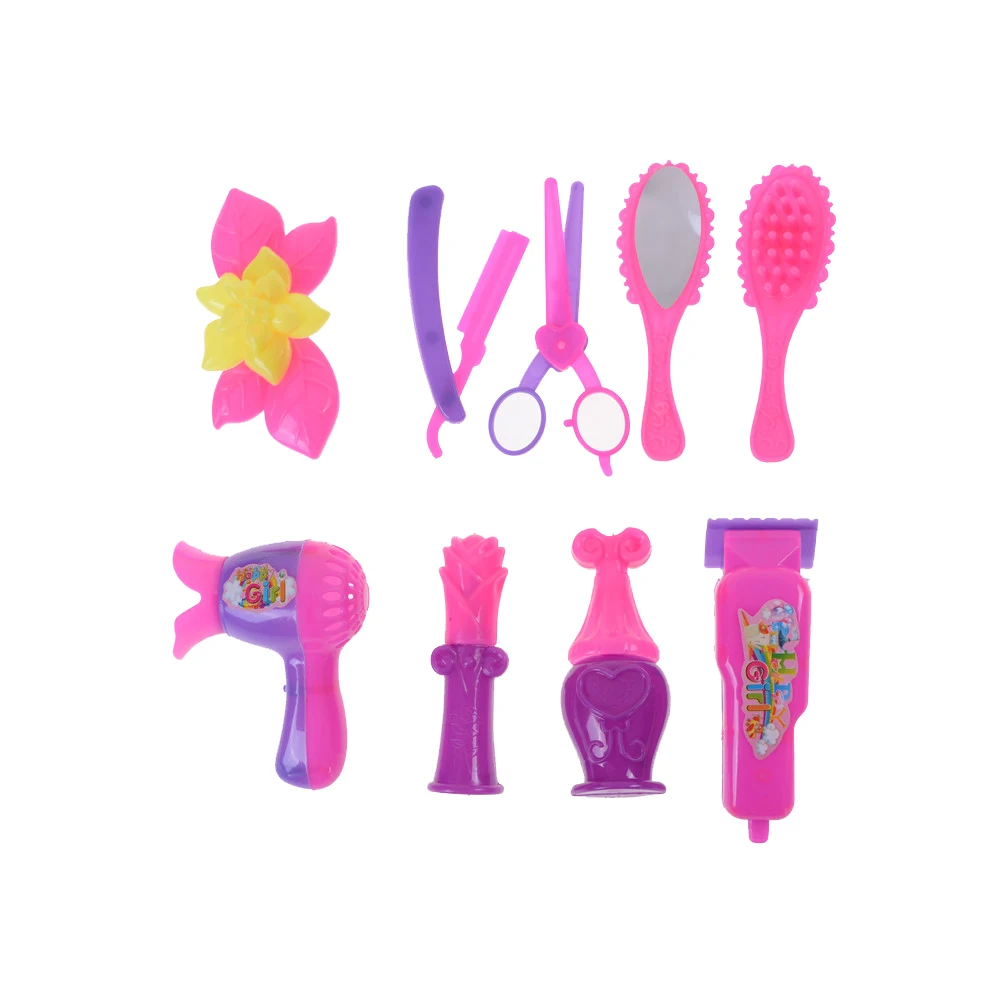 9Pcs Girls Gifts Eyebrow Razor Hair Dryer Scissors Mirror Combs For dolls Doll Tools Toys Salons