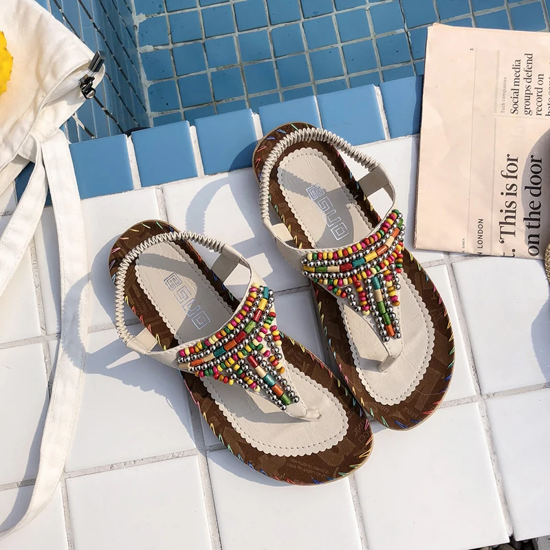 

New Women Bohemia Flat Sandals Shoes Women String Bead Decoration Beach Sandals Casual Shoes Women Clip Toe Flip Flops